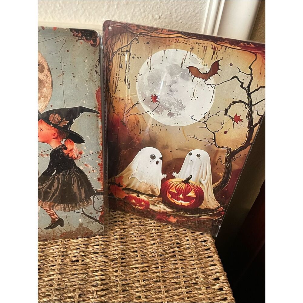 Vintage Halloween Witch & Cat & Ghosts Metal Sign - Black, Orange, White 8.5x12 - Picture 11 of 12